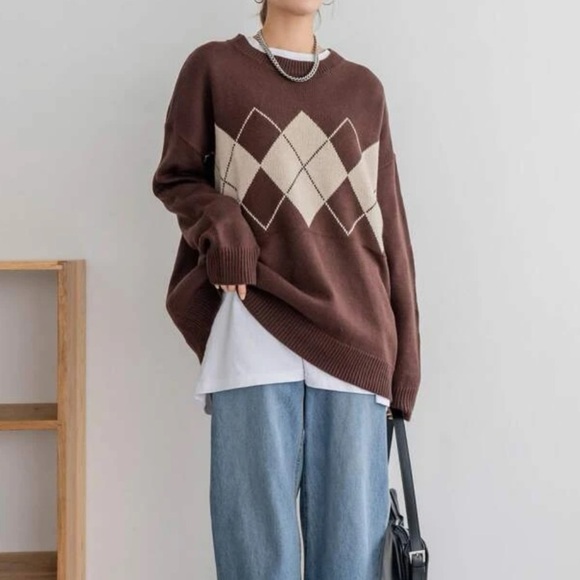 NWT SHEIN DAZY Argyle Pattern Drop Shoulder Sweater Size S(0) coffee brown - Picture 3 of 14